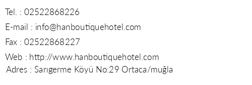 Han Boutique Hotel telefon numaralar, faks, e-mail, posta adresi ve iletiim bilgileri